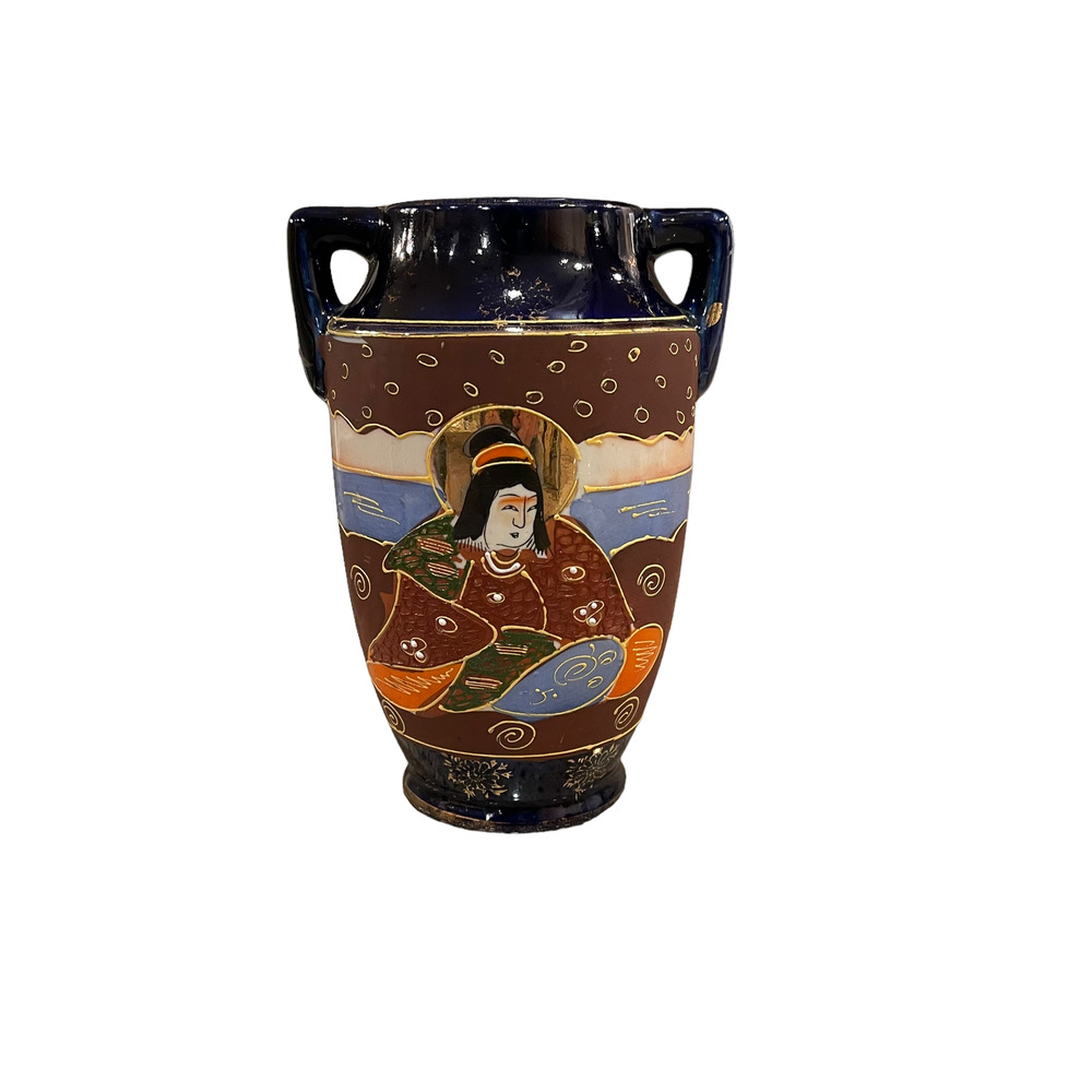Vintage Japanese Hand Painted Moriage Vase 7"‎ Tall Blue Brown With Handles